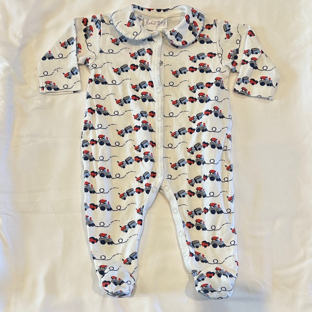 Rachel Riley White Footie with Red and Blue Train Pattern